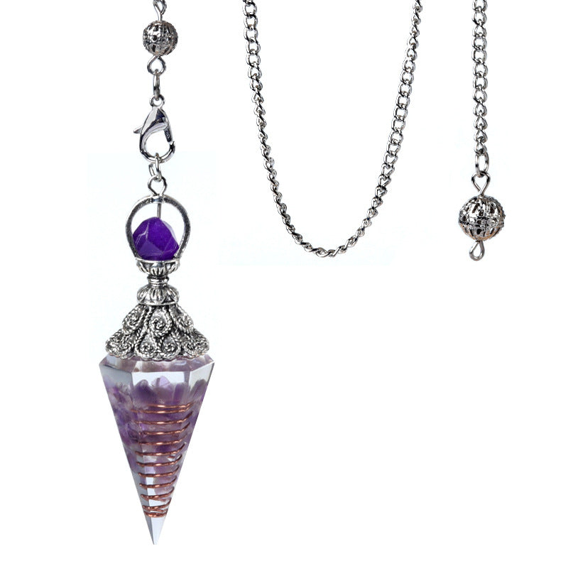 1924-Antique Silver Crystal Semi-precious Stone Colorful Gravel Resin Pendulum Hexagonal Cone Pendant Cross-border Supply