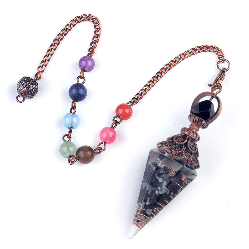 1970 – Natural Semi-precious Stone Chips Resin Hexagonal Prism Pendulum Pendant with Chakra Rainbow Bead Chain Pendant