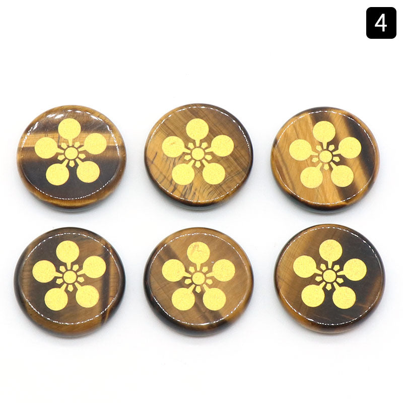 1136- Engraved round disc five-petal flower model Natural crystal agate stone 25mm round laser engraved symbol flower