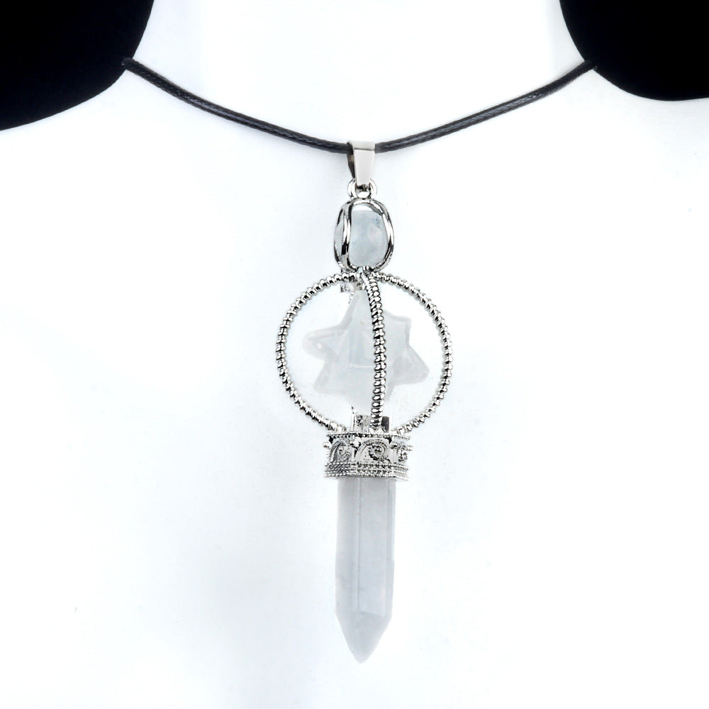 1784 - Merkaba Hexagonal Prism Scepter Necklace, Merkaba Star of David Pendant with Rotating Pendulum Accessory