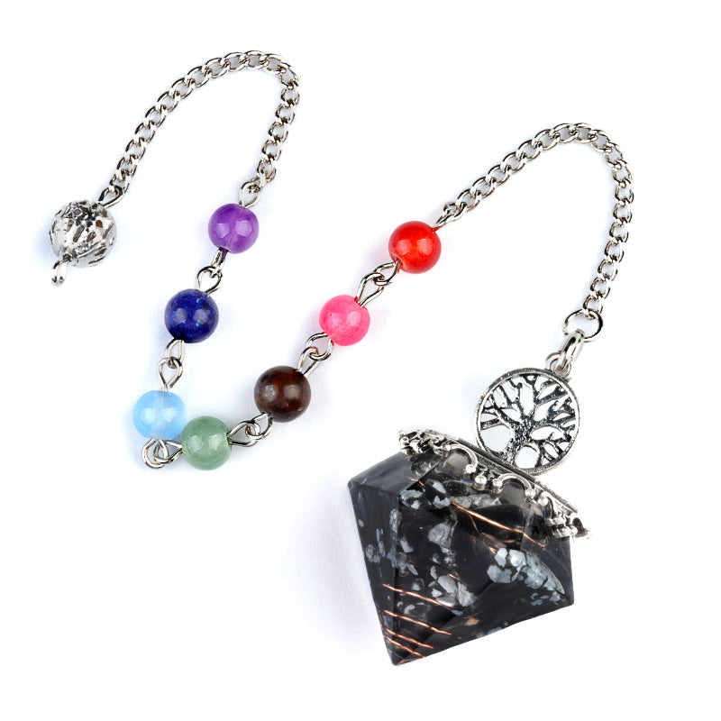 1973 - Natural Crystal Semi-Precious Stone Chip Resin Diamond Pendulum Pendant with Chakra Multicolor Bead Chain Jewelry