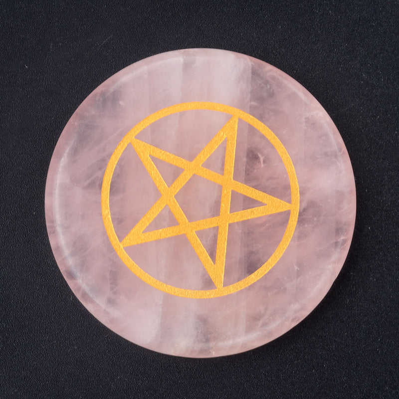 1658-55mm natural pink crystal disc energy stone base carved tree of life star moon stone small ornaments