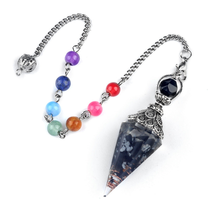 1971 - Natural Semi-Precious Stone Chip Resin Hexagonal Prism Pendulum Pendant Chakra Rainbow Bead Chain Pendant