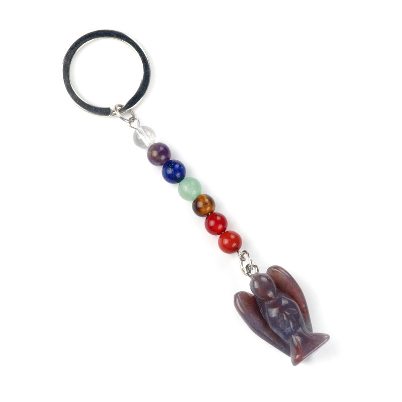 1715-Chakra Angel Keychain Natural Semi-precious Stone Carved Angel Keychain Guardian Angel Pendant