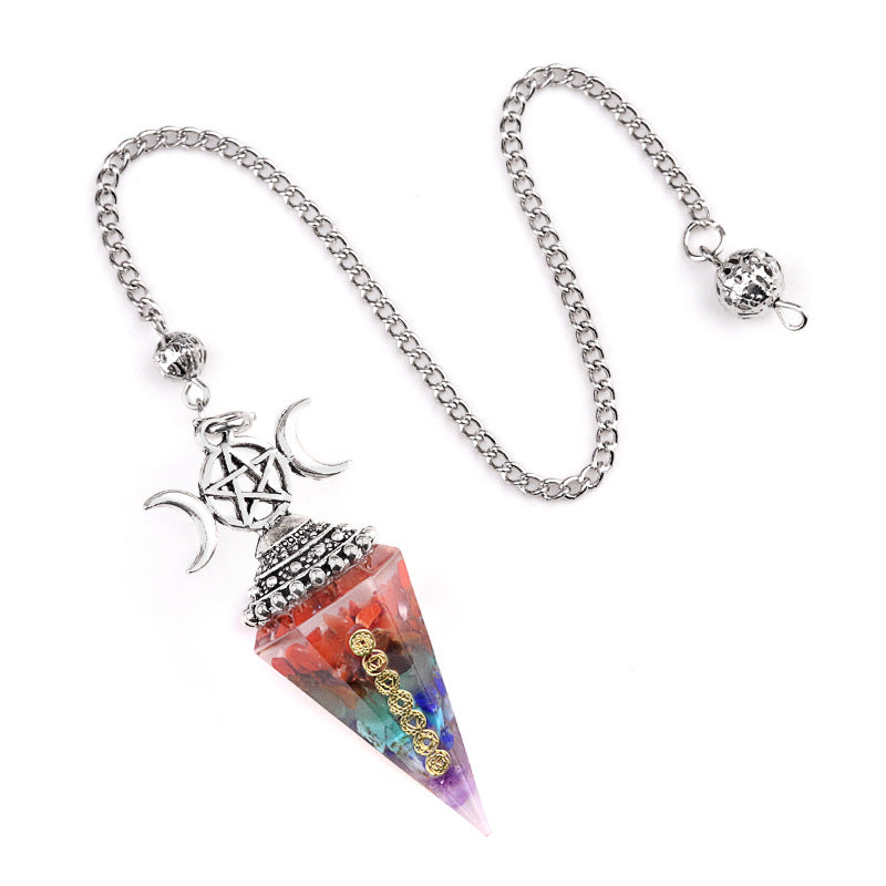 2122-Colorful natural crystal gravel pendulum bronze silver gold resin seven meridian symbol hexagonal pyramid pendulum