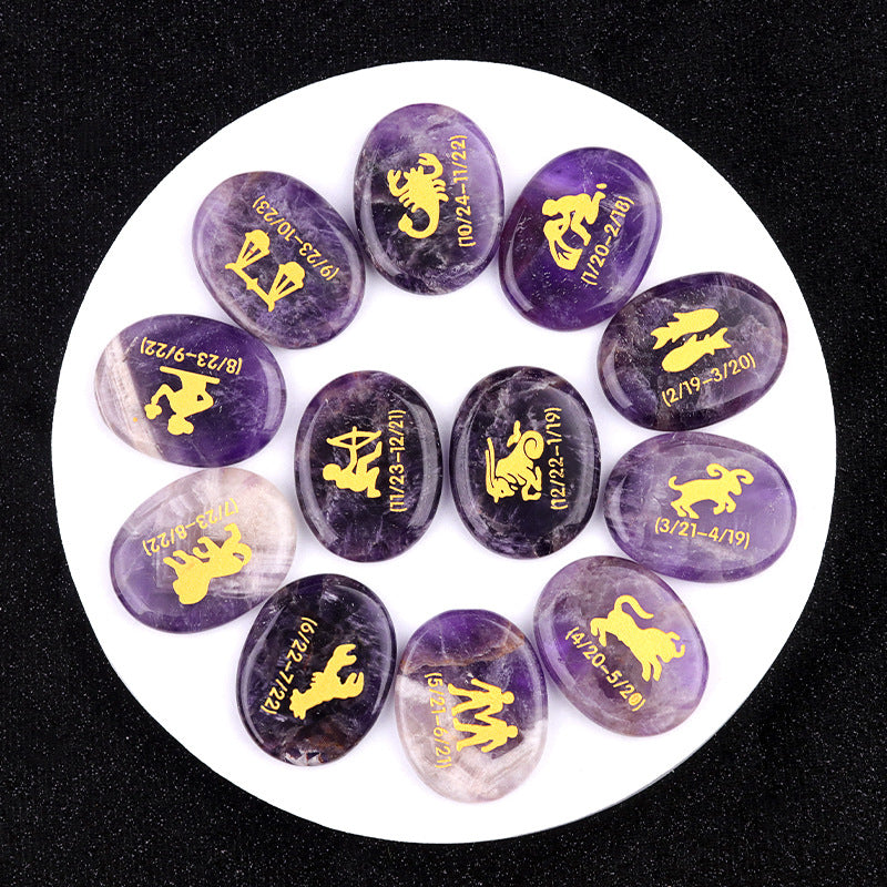 2117-12 Constellation Set Natural Amethyst Agate Stone Carved with 12 Constellation Patterns and Engraving Stones