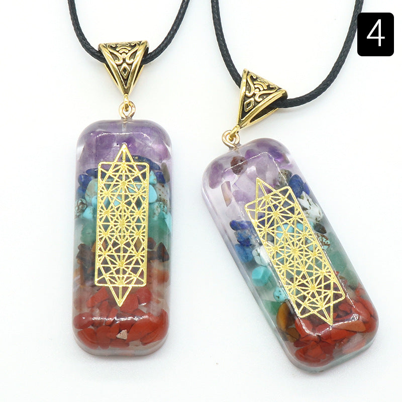 1108-Natural crystal colorful stone resin rectangular pendant Chakra yoga colorful gravel aogen necklace