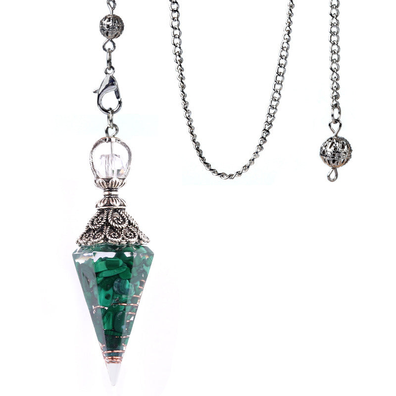 1924-Antique Silver Crystal Semi-precious Stone Colorful Gravel Resin Pendulum Hexagonal Cone Pendant Cross-border Supply