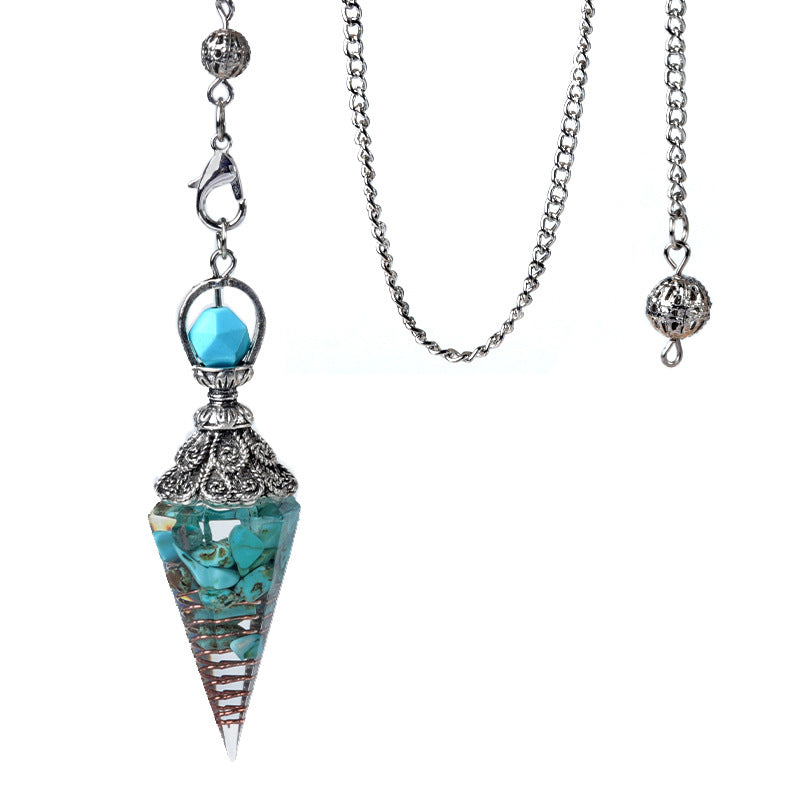 1924-Antique Silver Crystal Semi-precious Stone Colorful Gravel Resin Pendulum Hexagonal Cone Pendant Cross-border Supply