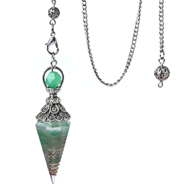 1924-Antique Silver Crystal Semi-precious Stone Colorful Gravel Resin Pendulum Hexagonal Cone Pendant Cross-border Supply