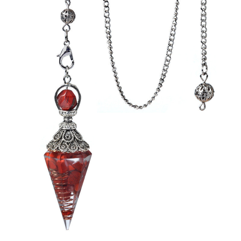 1924-Antique Silver Crystal Semi-precious Stone Colorful Gravel Resin Pendulum Hexagonal Cone Pendant Cross-border Supply