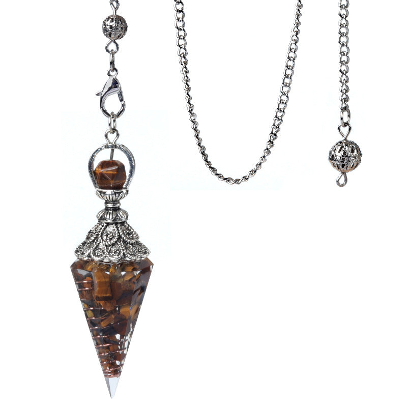 1924-Antique Silver Crystal Semi-precious Stone Colorful Gravel Resin Pendulum Hexagonal Cone Pendant Cross-border Supply