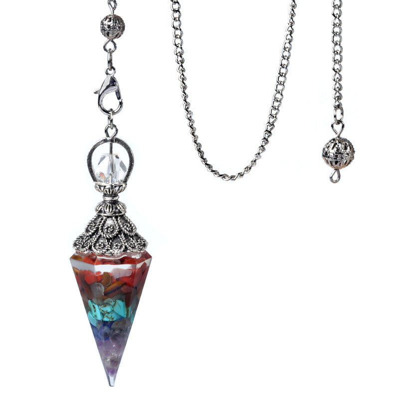 1924-Antique Silver Crystal Semi-precious Stone Colorful Gravel Resin Pendulum Hexagonal Cone Pendant Cross-border Supply