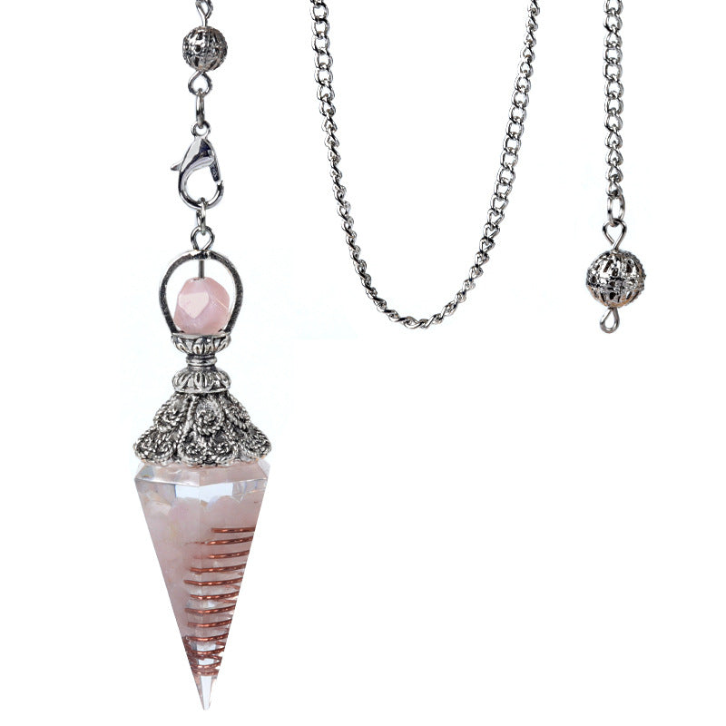 1924-Antique Silver Crystal Semi-precious Stone Colorful Gravel Resin Pendulum Hexagonal Cone Pendant Cross-border Supply