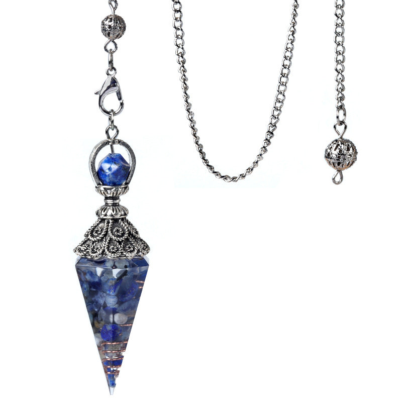 1924-Antique Silver Crystal Semi-precious Stone Colorful Gravel Resin Pendulum Hexagonal Cone Pendant Cross-border Supply