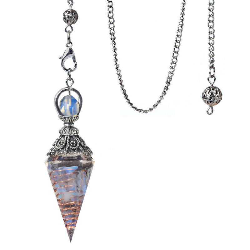 1924-Antique Silver Crystal Semi-precious Stone Colorful Gravel Resin Pendulum Hexagonal Cone Pendant Cross-border Supply